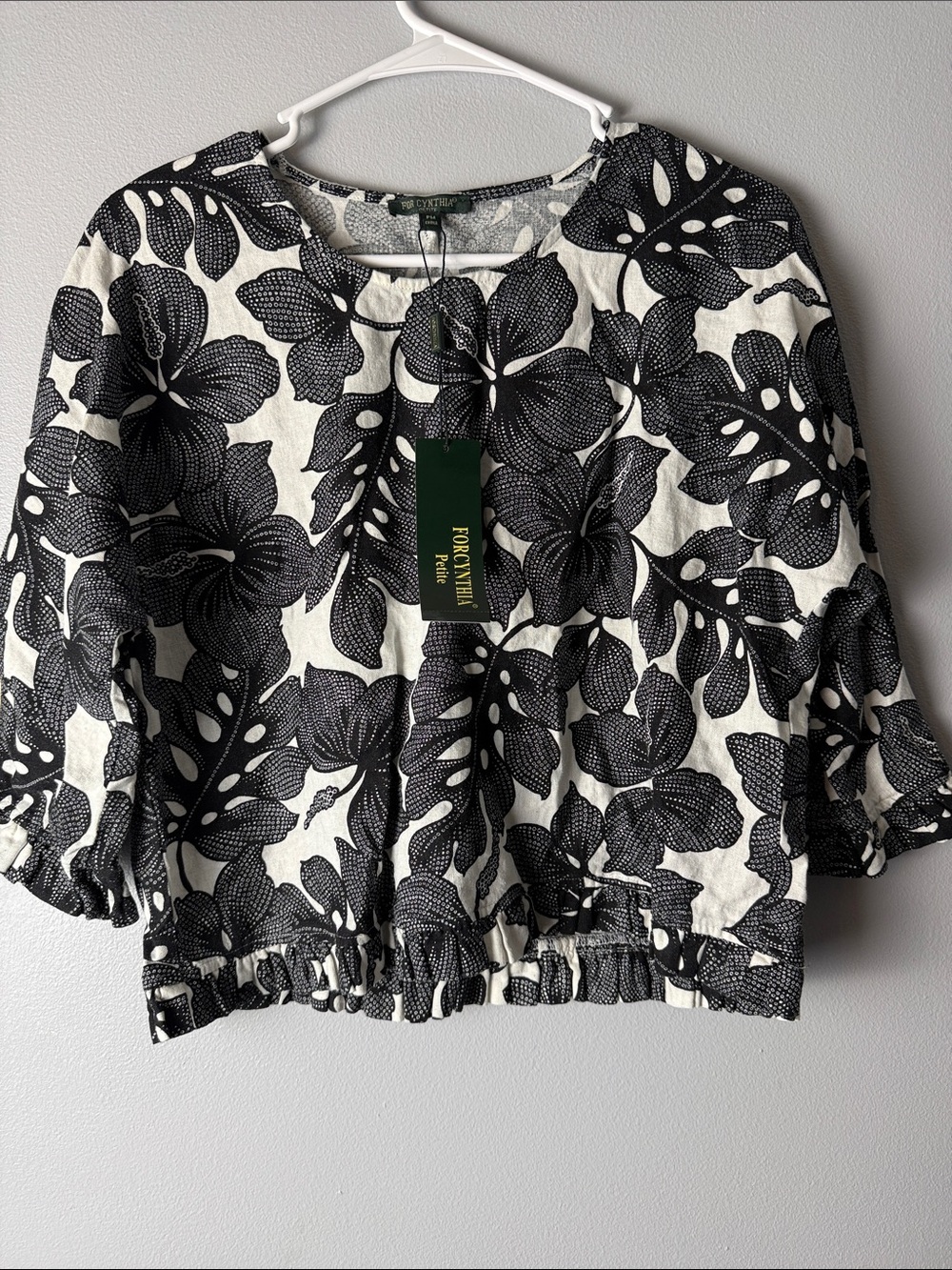 For Cynthia Black & White Floral Peplum Blouse. Linen blend